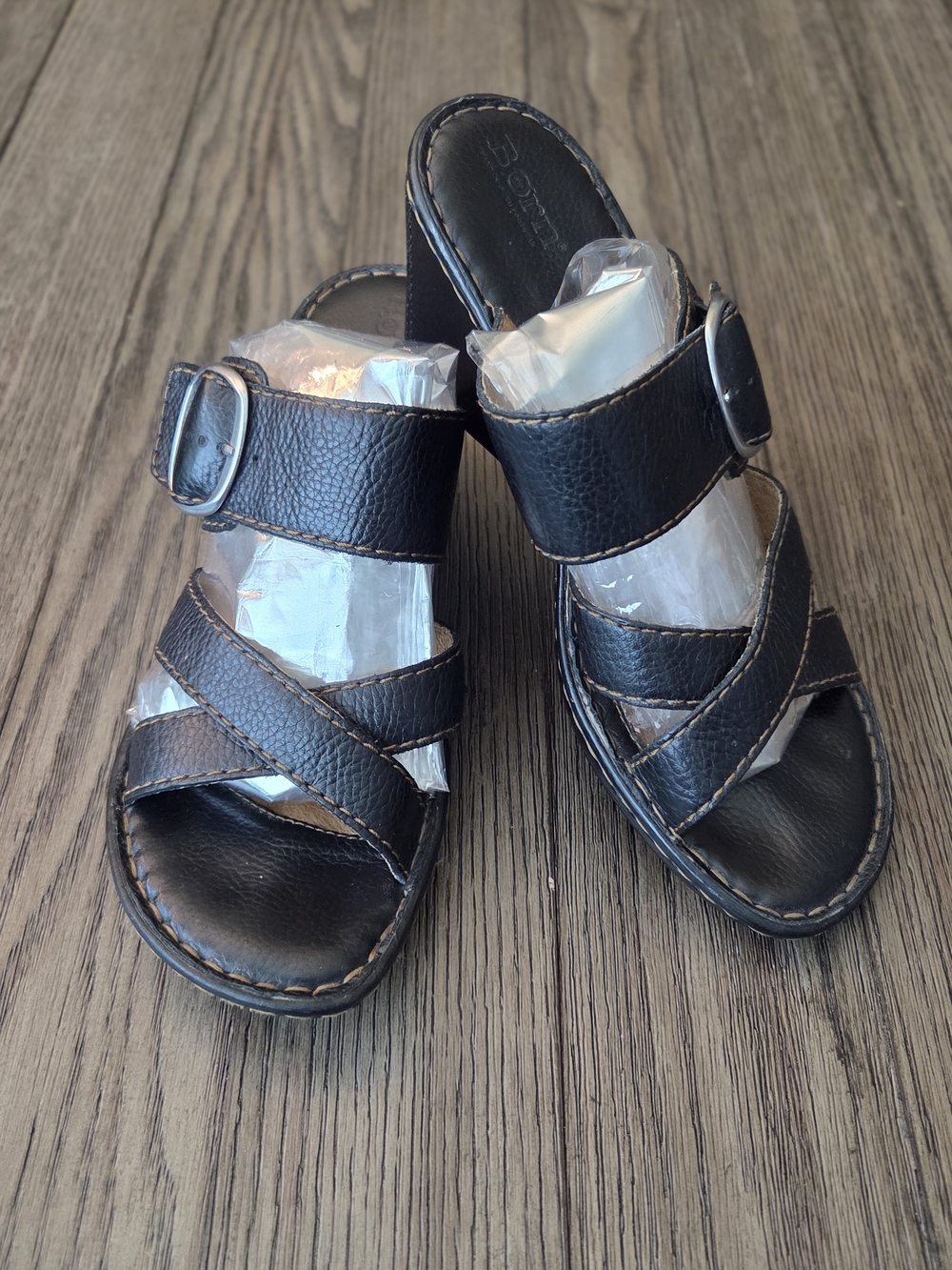 Born Black Leather Crisscross Buckle Slide Wedge Sandals - Size 9 / 40.5